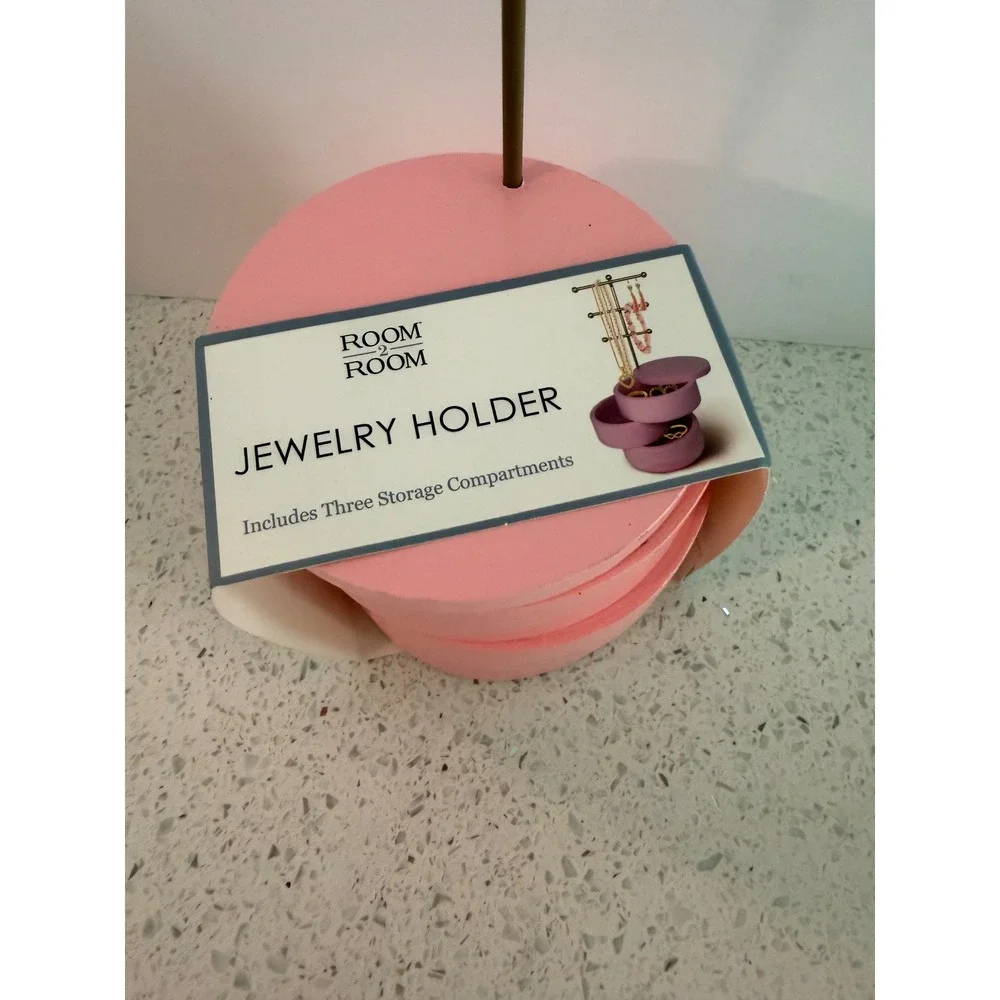 Room 2 Room Pink Jewelry Holder 3 Tier Metal Stand with 3 Storage Compartments
